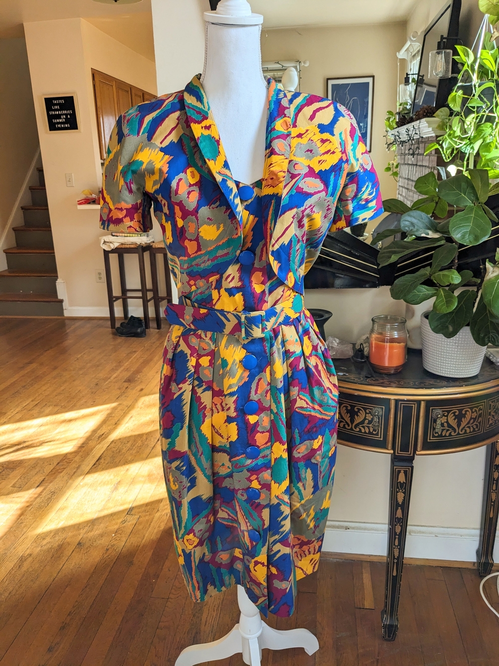 1980s Guy Laroche Multicolored Abstract Floral Dress, Bolero, and Belt
